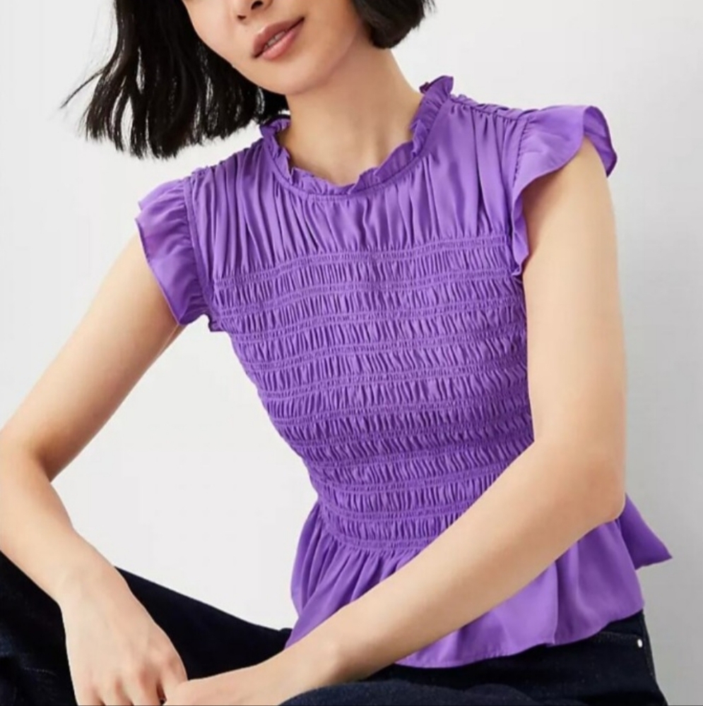 Ann Taylor Purple Smocked Ruffled Short Flutter Sleeve Top Size Large NEW NWT